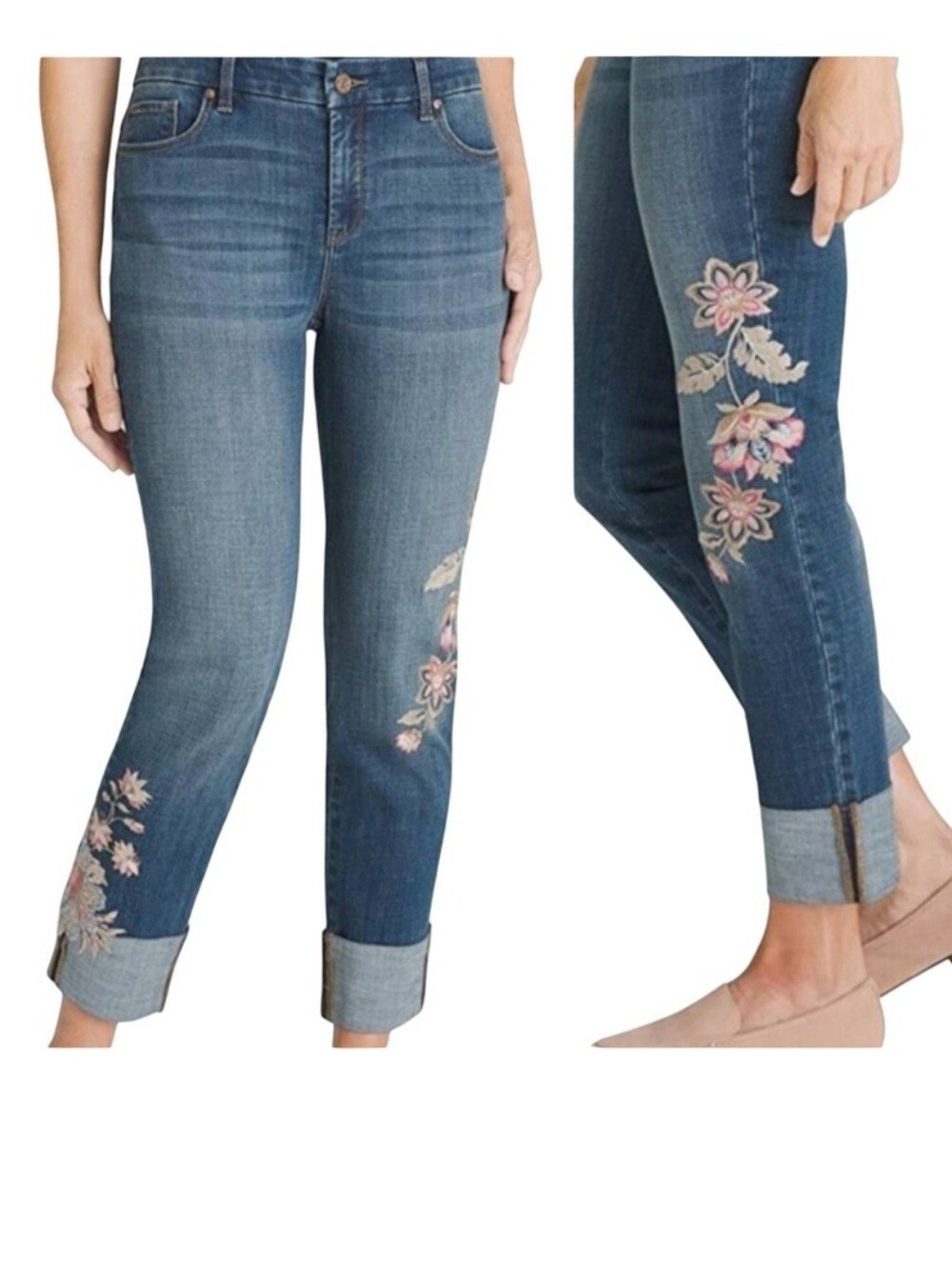 Chico's So Slimming Womens Size 16 Girlfriend Cropped Blue Jean Floral Embroided